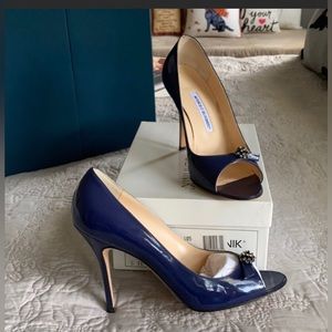 ISO Manolo Blahnik blue patent peep toe heels with embellishment on toe strap